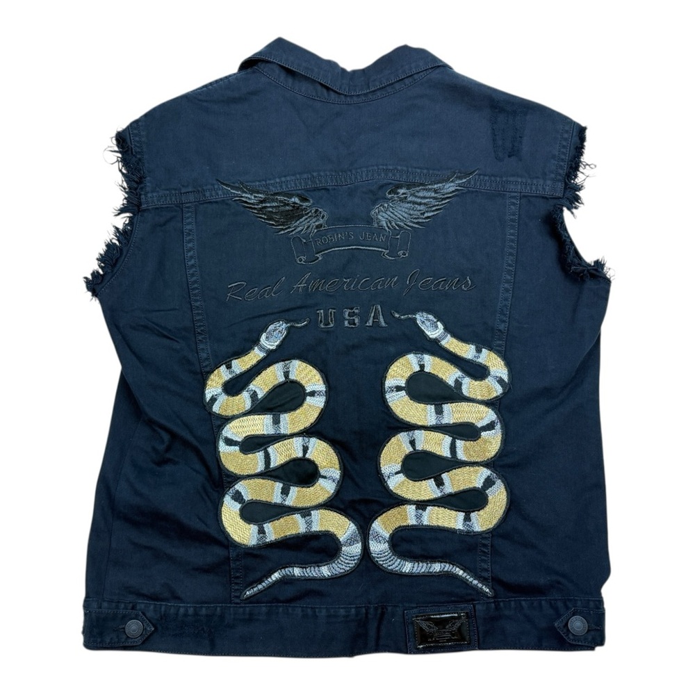 Robin’s Jeans Men Black Vest with Embroidered Wings Snakes Rare XL Patches Rare